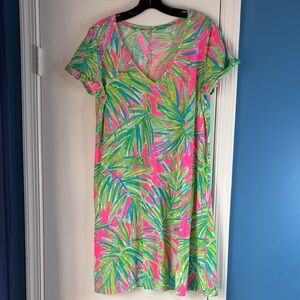 Lilly Pulitzer Pink and Green Palm-Print V-Neck Dress